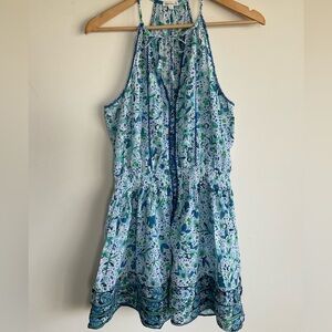 Poupette St Barth Carine Mini Dress Blue Floral Ruffle Tassel Preppy Beach Vacay